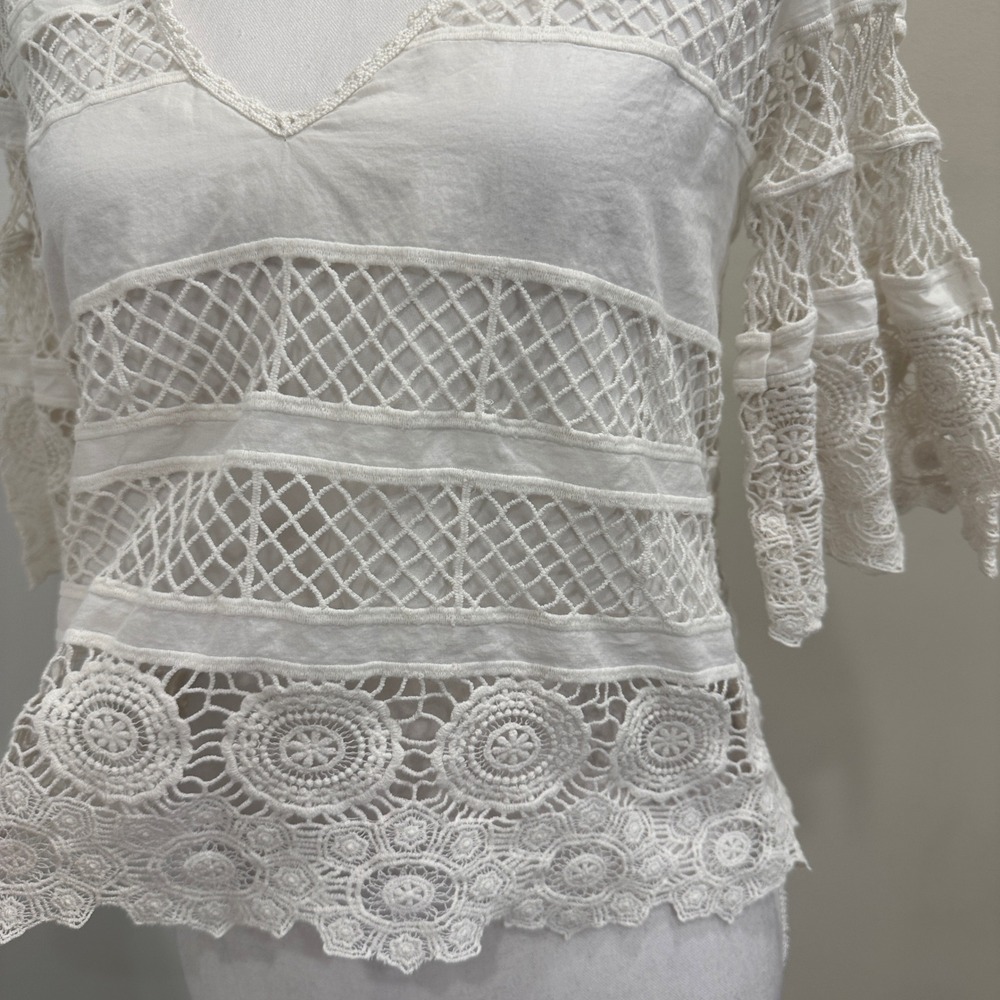 Alexis White Lace Netted Bell Sleeve V-Neck Top XS Boho Crochet Cottage Fairy - Picture 3 of 9
